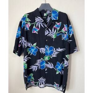 Silk Icon | 100% Black Silk with Floral Pattern Aloha Shirt Size L